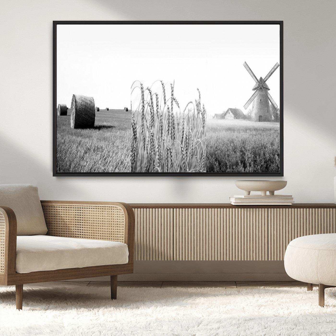 MGV-FC-36X24 - Vintage Farmhouse Black and White Triptych Wall Art – Giclee Canvas Featuring Wheat Fields, Hay