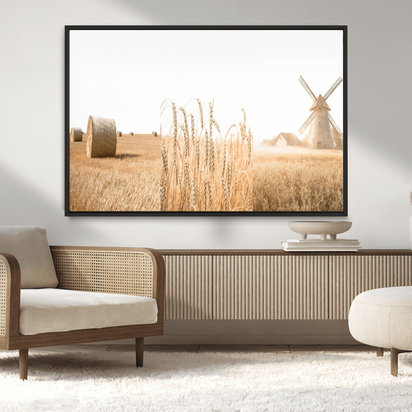 MGV-FC-36X24 - Vintage Farmhouse Triptych Wall Art – Giclée Canvas Featuring Wheat Fields, Hay Bales, and a