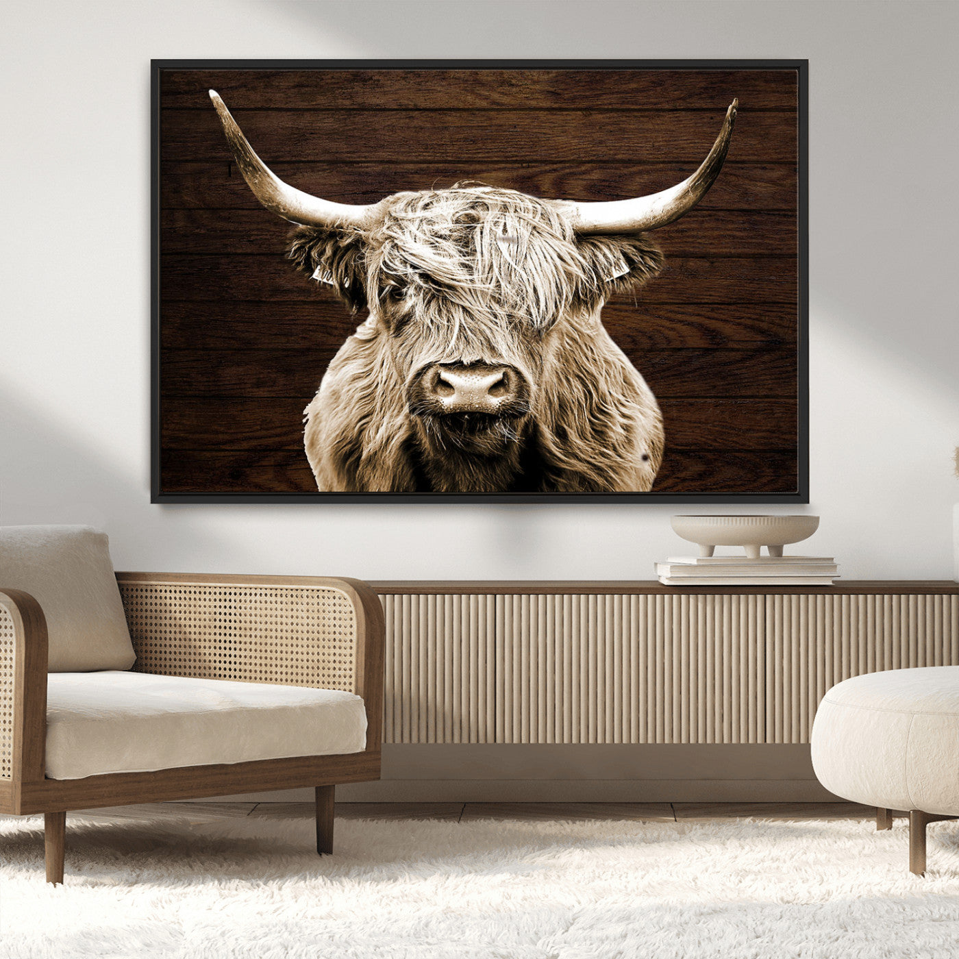MGV-FC-36X24 - Highland Cow Wall Art Canvas Print, Rustic Farmhouse Decor, Majestic Scottish Highland Bull Portrait