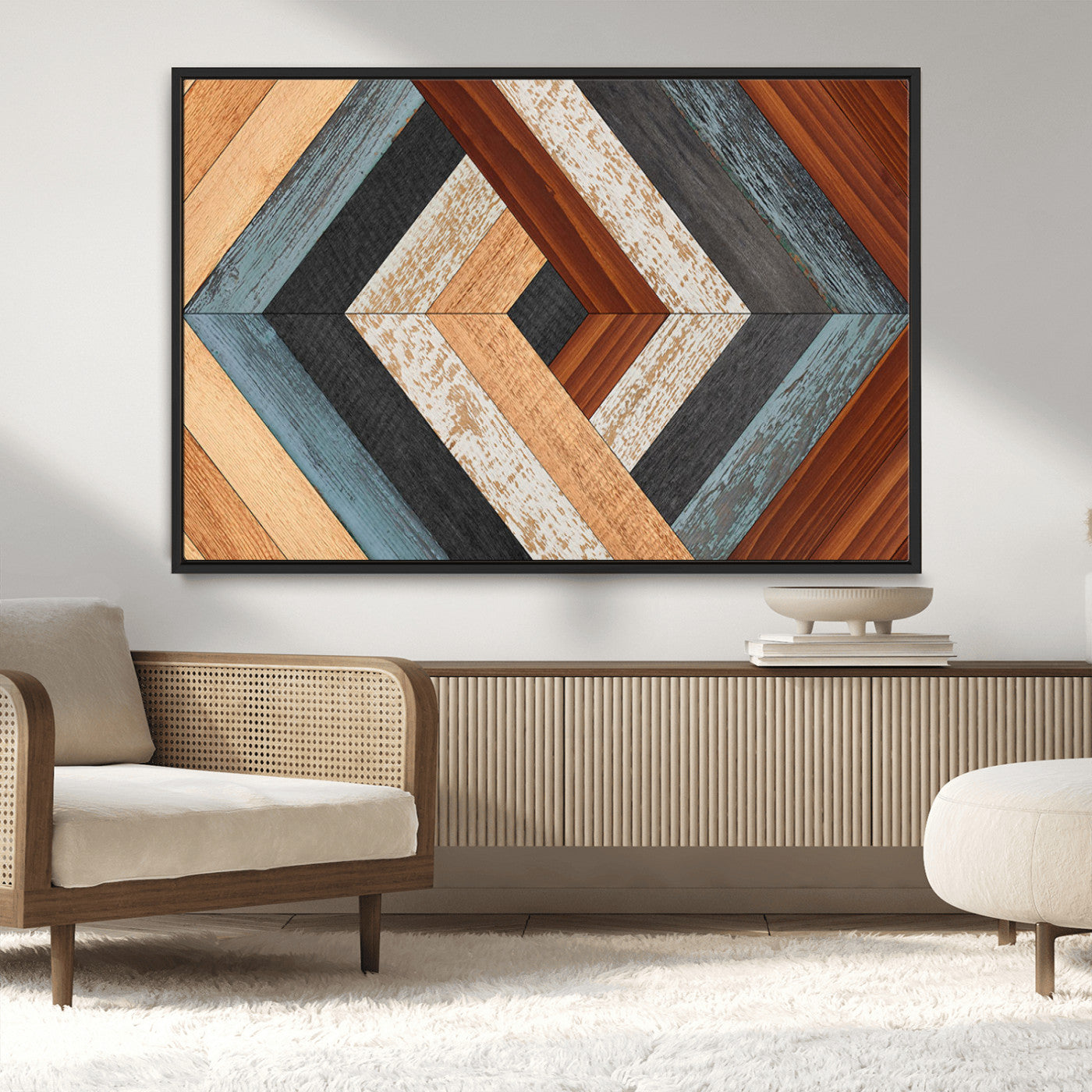 MGV-FC-36X24 - Geometric Wood Art Wall Decor Canvas Print, Rustic Wooden Pattern Triptych Wall Art for Living Room