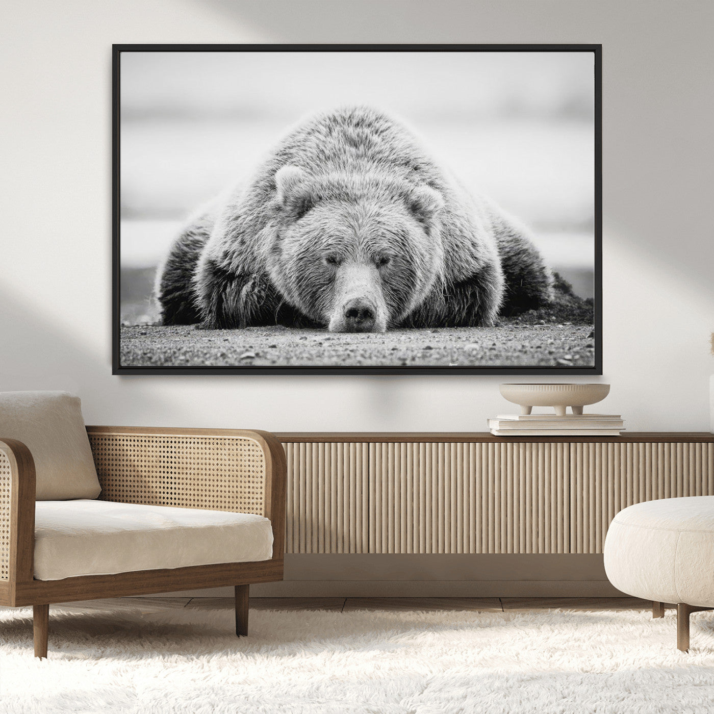 MGV-FC-36X24 - Resting Grizzly Bear Wall Art Canvas Print – Majestic Lazy Black and White Wildlife Bear Art,