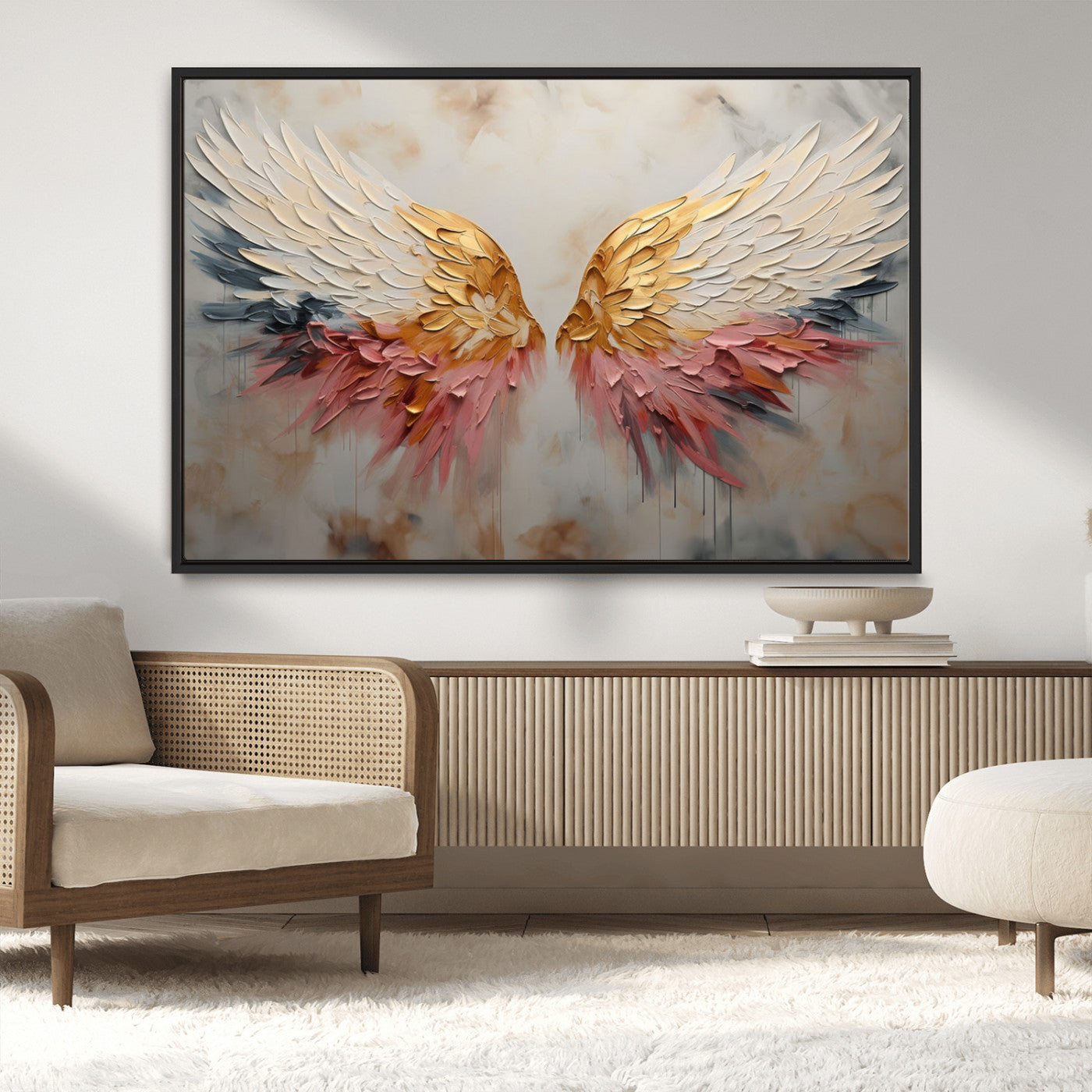 MGV-FC-36X24 - Golden Angel Wings Wall Art Canvas Print – Stunning Abstract Winged Art for Elegant Home Decor –