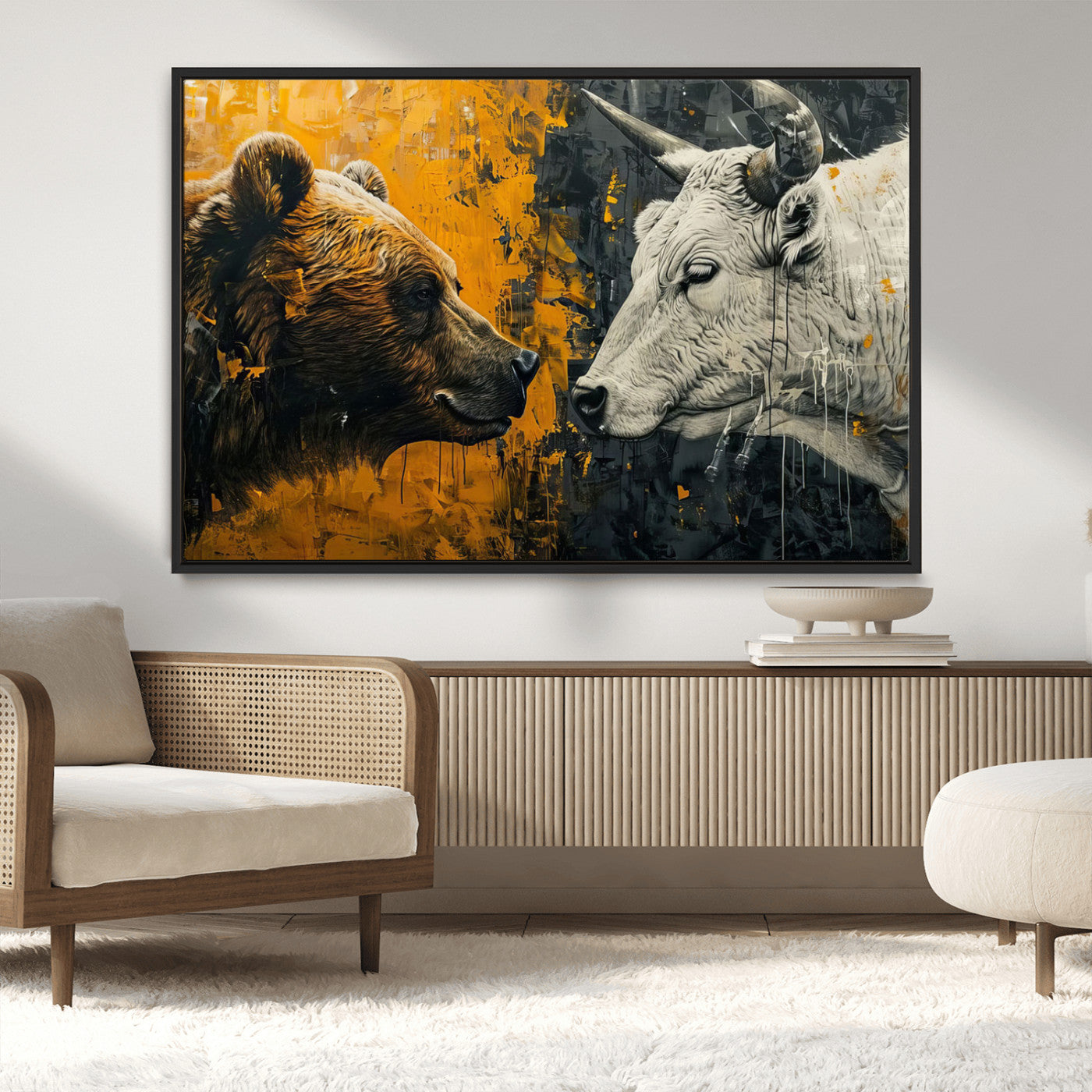 MGV-FC-36X24 - Bear and Bull Wall Art Canvas Print – Abstract Animal Portrait Painting for Modern Home Decor –