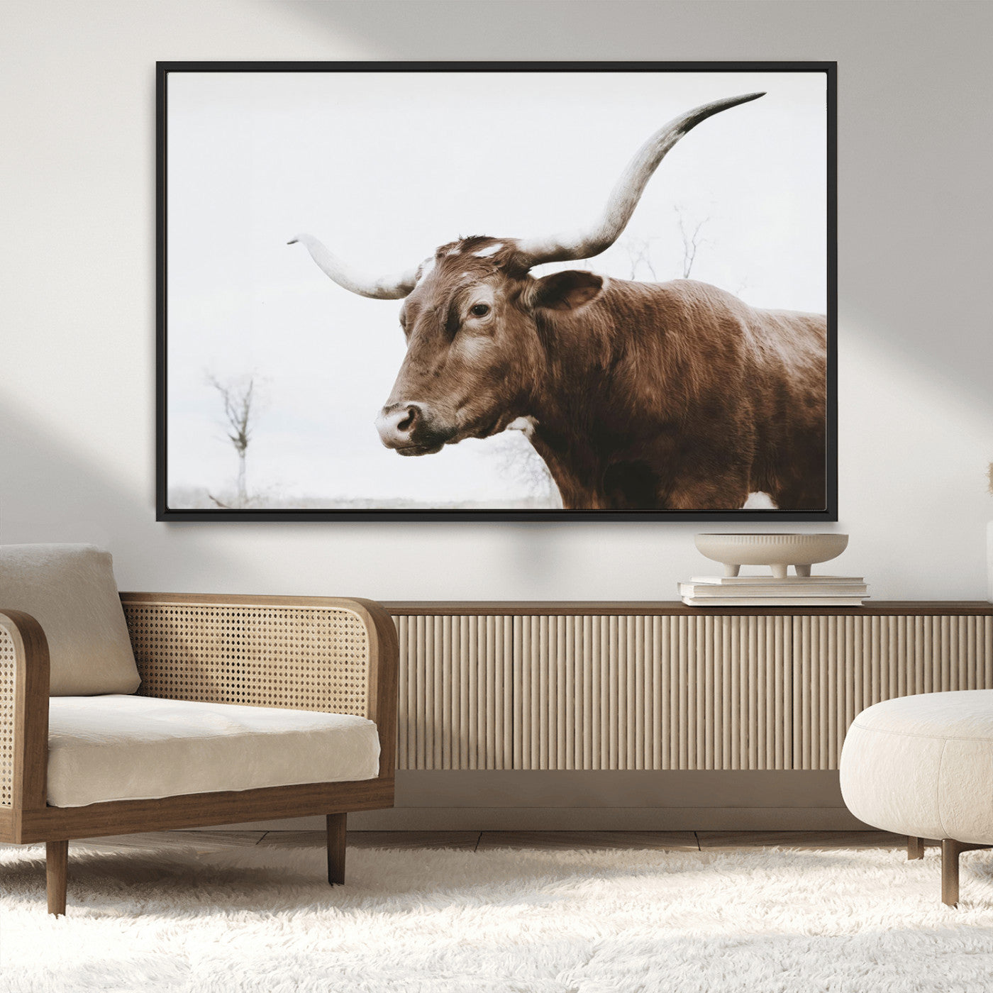 MGV-FC-36X24 - Rustic Bull Wall Art Canvas Print – Modern Longhorn Farmhouse Animal Decor – Abstract Farm Cow