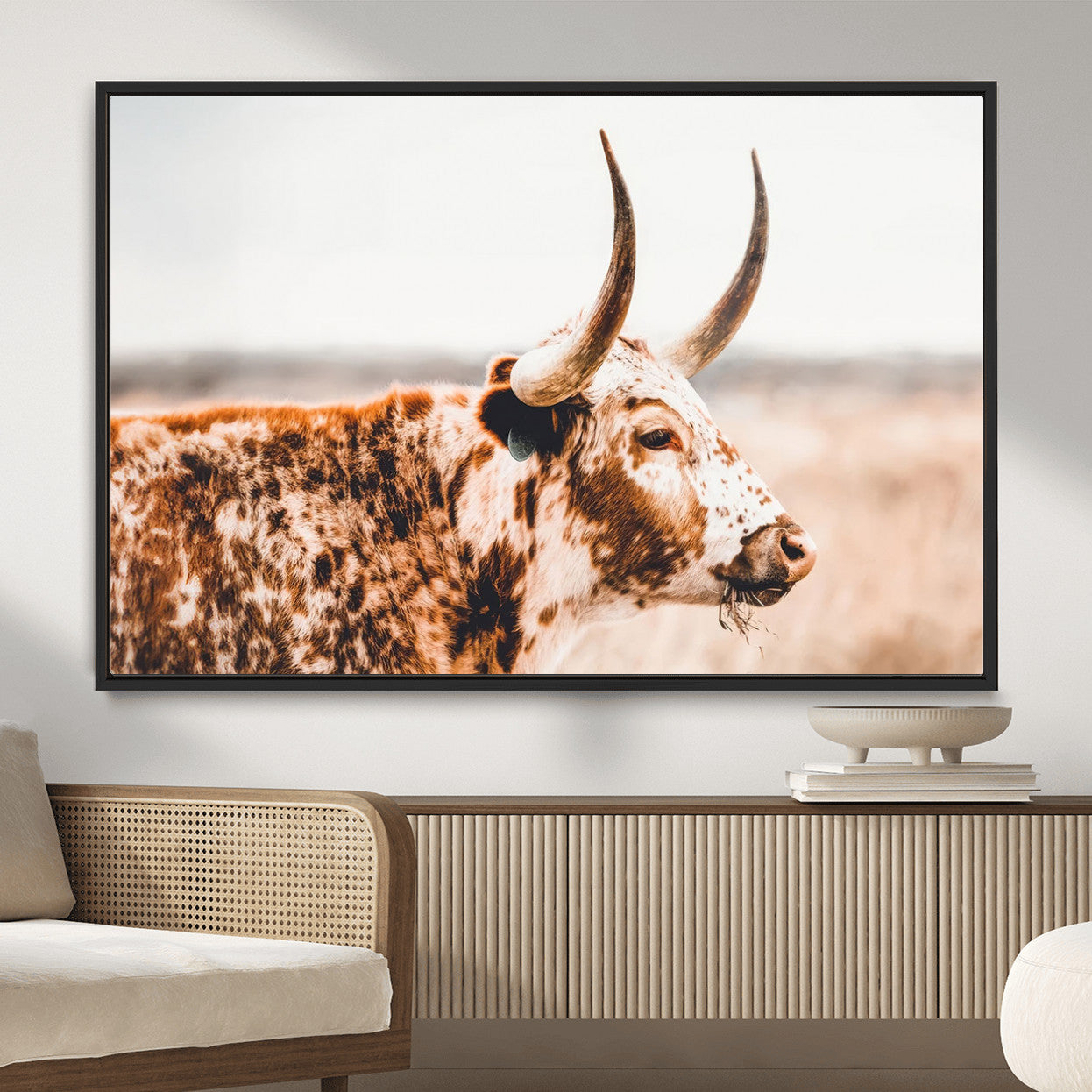 MGV-FC-36X24 - Speckled Bull Wall Art Canvas Print – Rustic Cow Longhorn Farmhouse Animal Decor – Western Longhorn