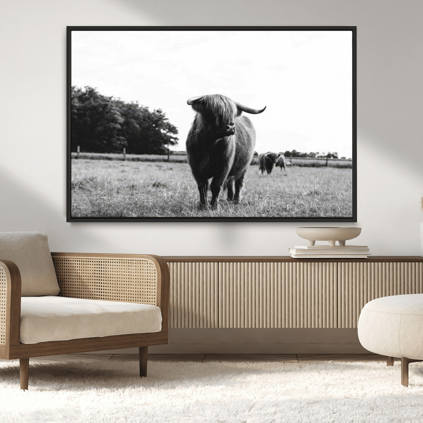 MGV-FC-36X24 - Black and White Highland Cow Wall Art Canvas Print | Rustic Western Decor for Living Room or Office,