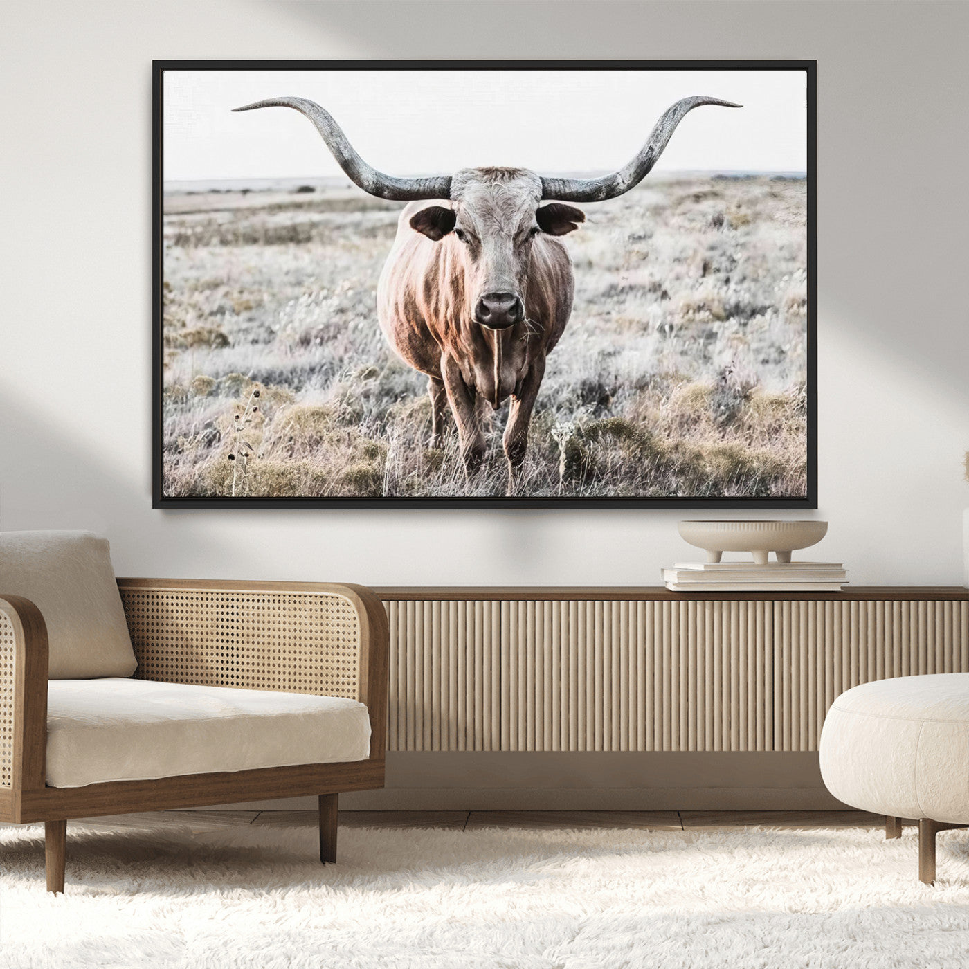 -Rustic Texas Longhorn Wall Art Canvas Print | Western Farmhouse Decor for Living Room or Office,