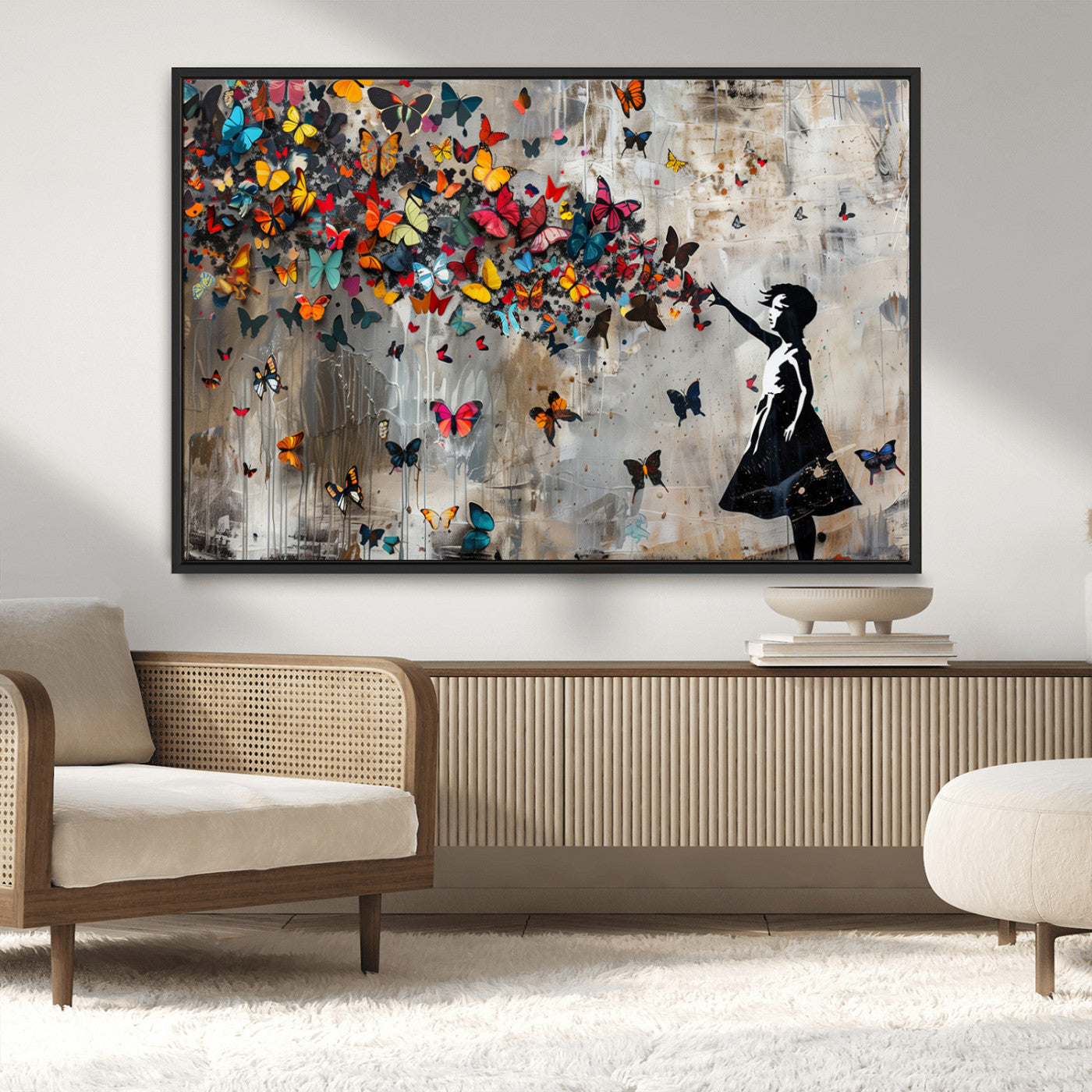 MGV-FC-36X24 - Banksy Wall Art - Banksy Girl and Butterfly Explosion Wall Art Canvas Print | Girl with Butterflies