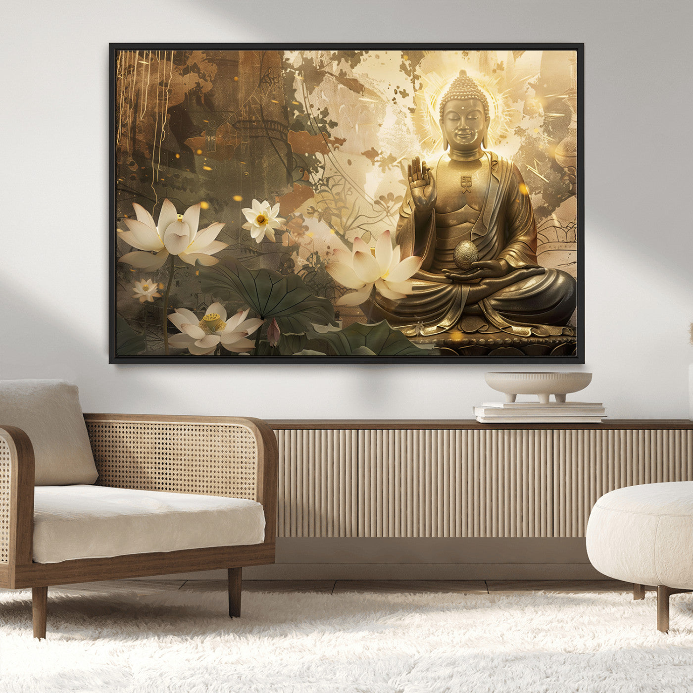 MGV-FC-36X24 - Zen Buddha Wall Art Canvas Print | Peaceful Meditation Decor with Lotus Flowers | Spiritual Serenity
