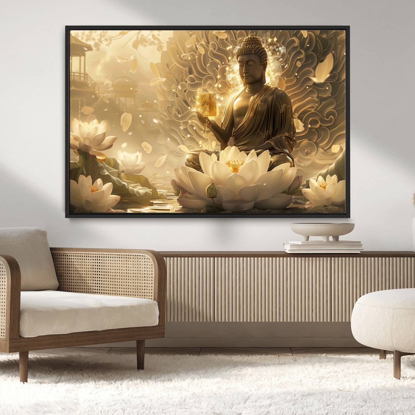 MGV-FC-36X24 - Golden Buddha Wall Art | Yoga Room Decor and Meditation Room Wall Art | Framed and Ready to Hang