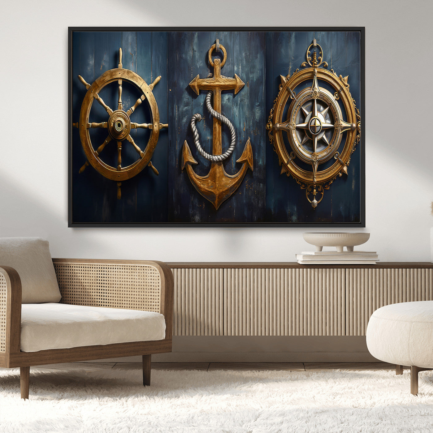 MGV-FC-36X24 - Boat Anchor Compass With Rope Wall Art Canvas Print | Beach House Wall Art