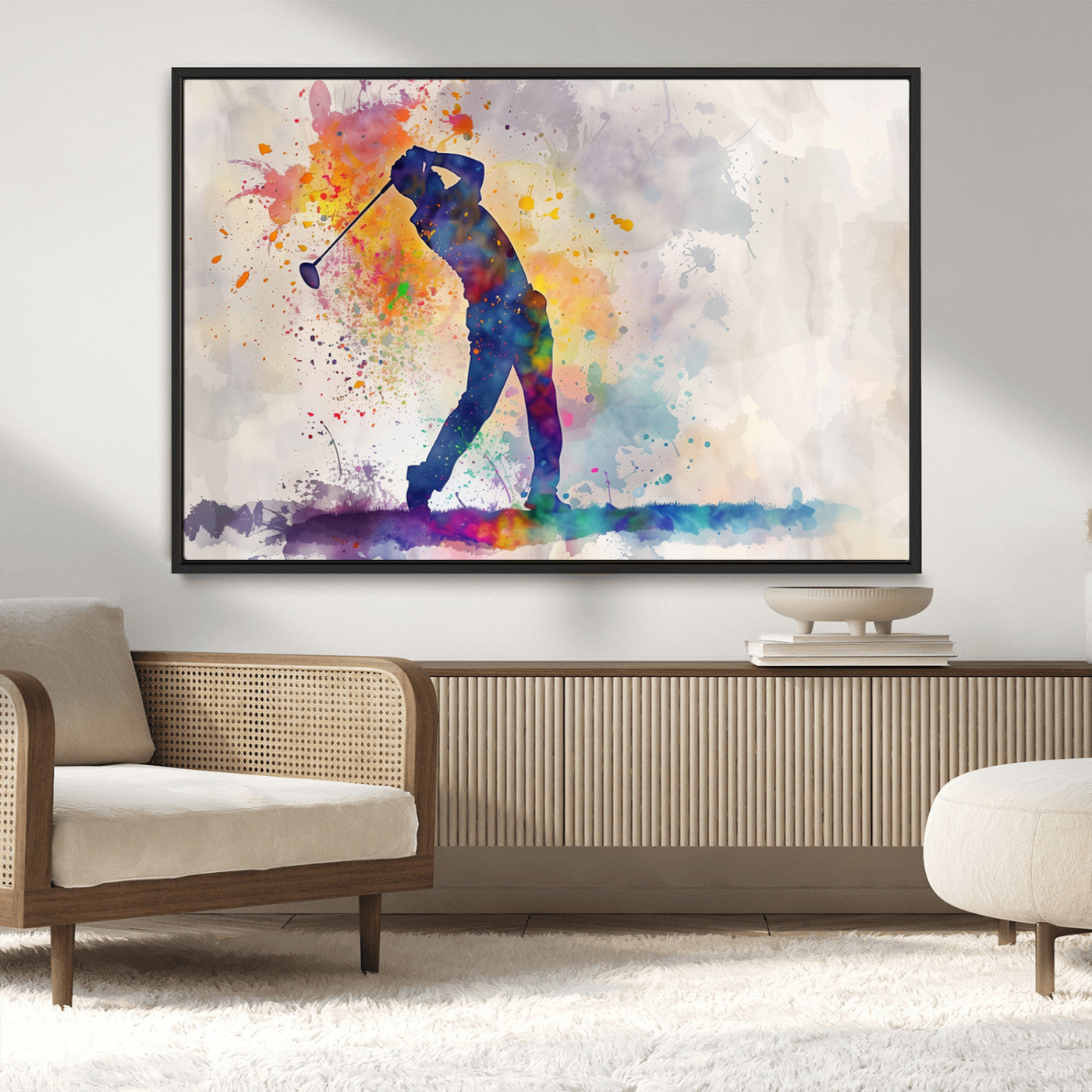 MGV-FC-36X24 - Watercolor Golf Swing Wall Art Canvas Print | Vibrant Abstract Golf Player Silhouette |