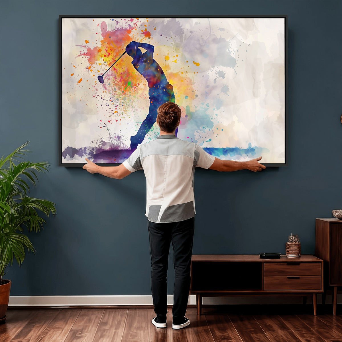 89625-MGV-CV-36X24 - Vibrant Watercolor Golf Swing Wall Art Canvas Print | Extra Large 3 Piece Canvas Wall Art