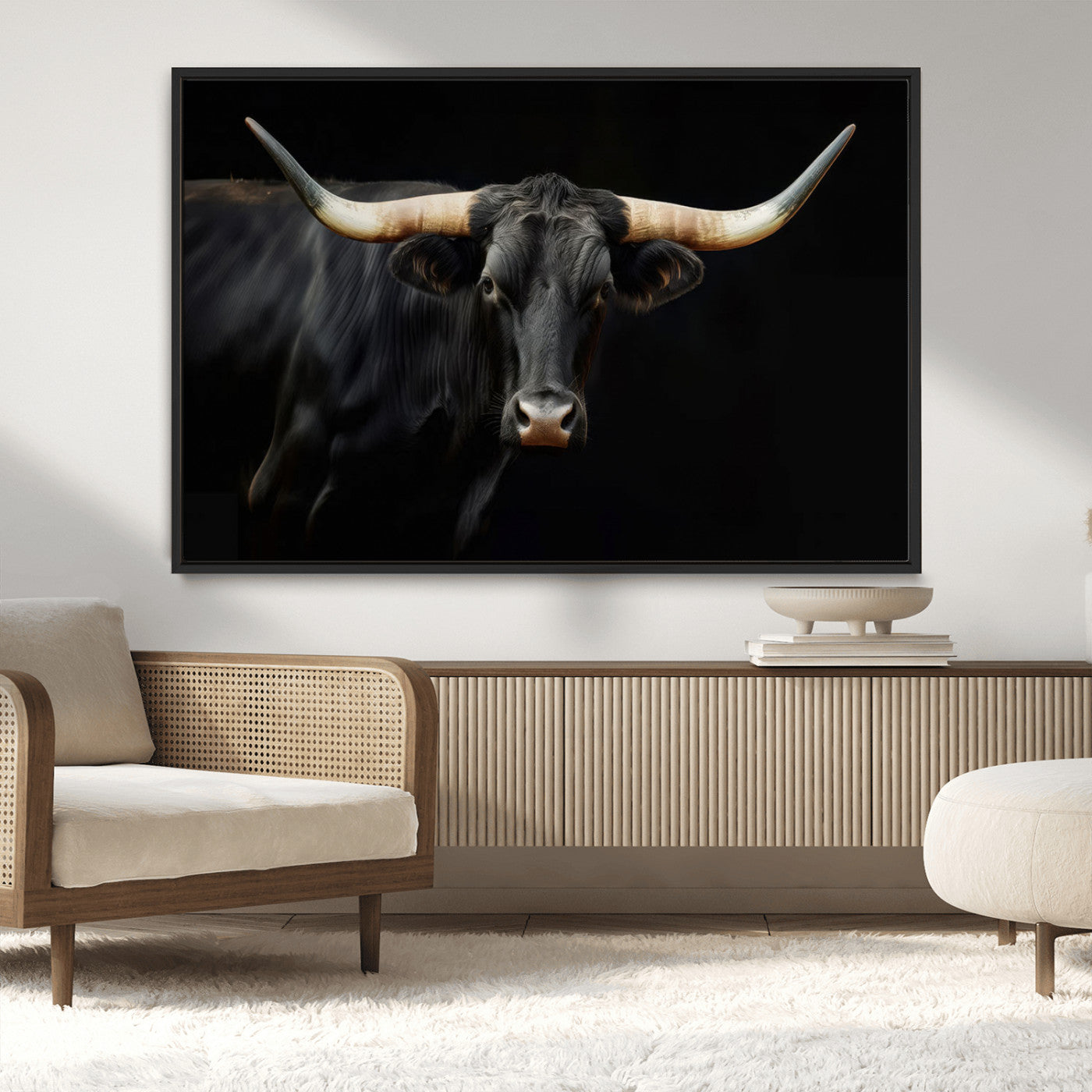 MGV-FC-36X24 - Texas Longhorn Cow | Majestic Black Bull Wall Art Canvas Print - Farmhouse Animal Decor - Ready to
