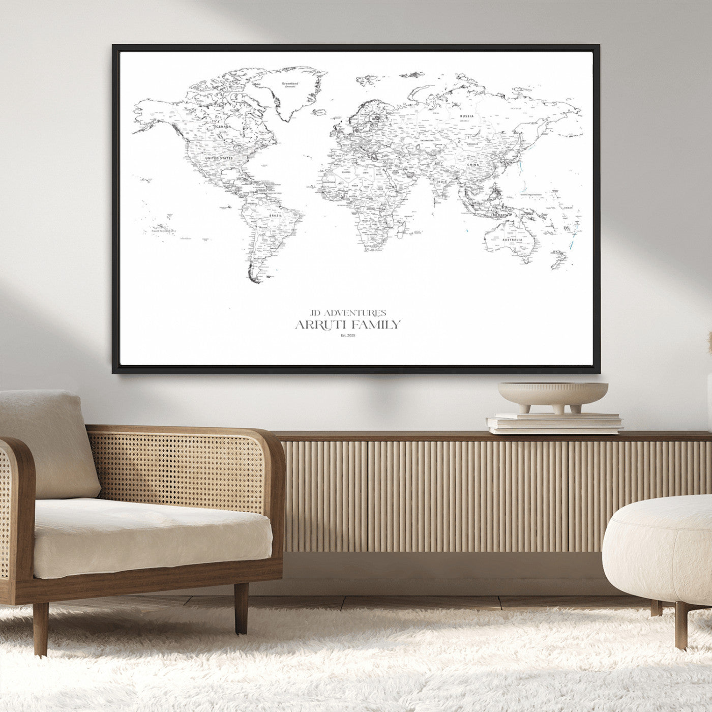 MGV-FC-36X24 - Custom World Map Wall Art – Personalized Framed Canvas Print with Push Pins for Travel Tracking,