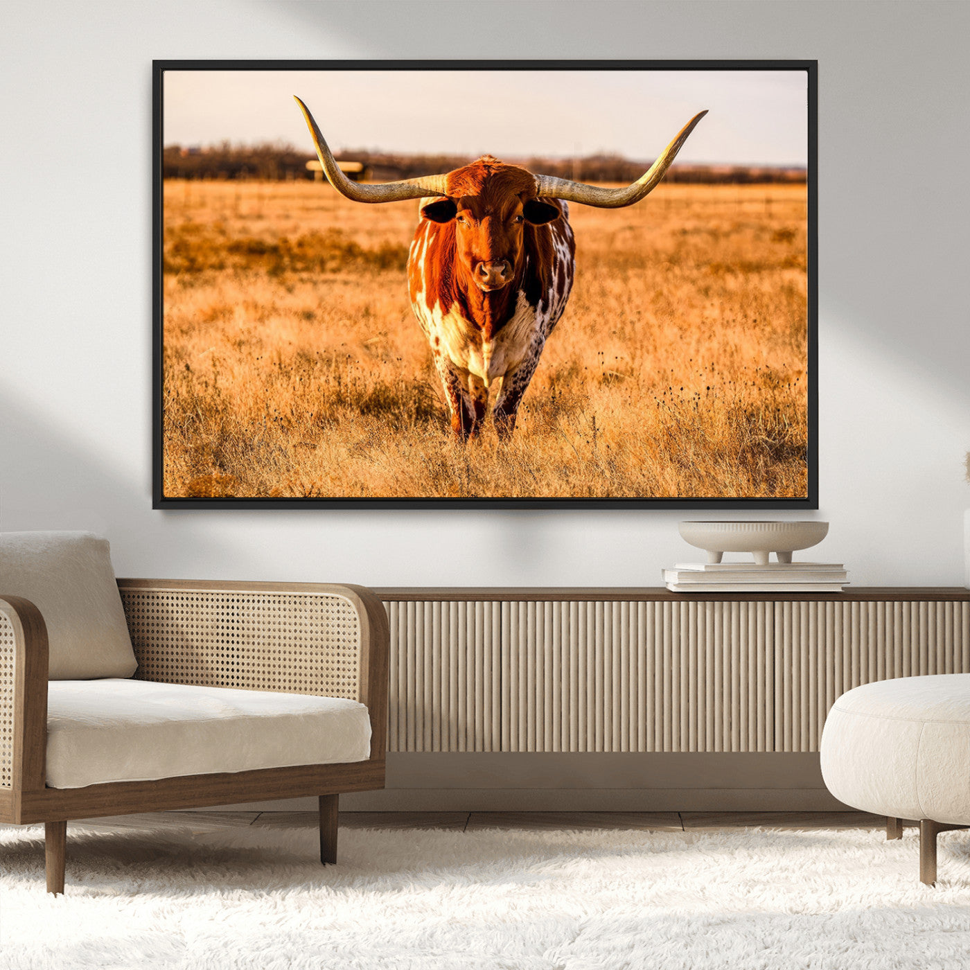 MGV-FC-36X24 - Longhorn Cow Wall Art | Ready to Hang Framed Canvas Print for Farmhouse and Barn Decor