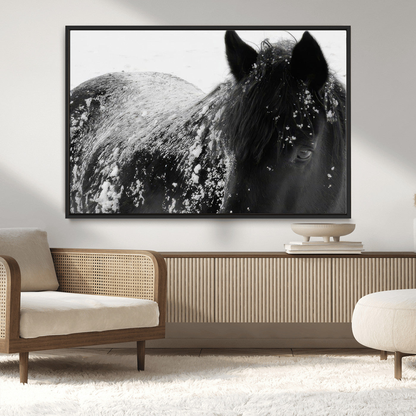 MGV-FC-36X24 - Black Horse in Snow Canvas Print | Winter Horse Wall Art | Ready to Hang and Framed | Farmhouse Wall