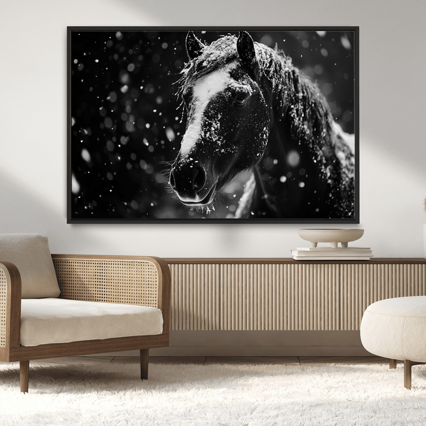 MGV-FC-36X24 - Winter Horse Wall Art | Black and White Horse Print | Ready to Hang and Framed | Farmhouse Wall Art