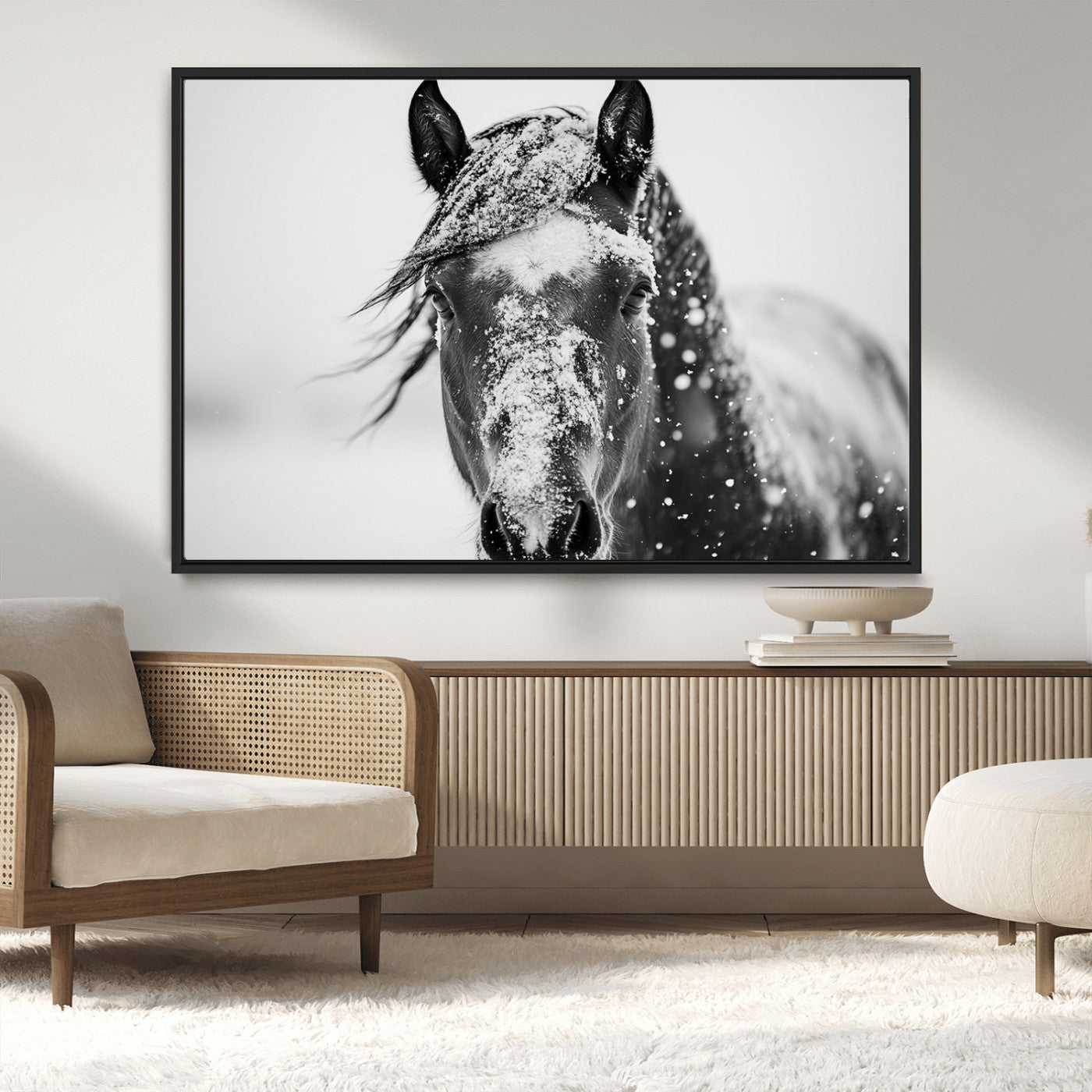 MGV-FC-36X24 - Western Wall Art | Black and White Winter Horse Wall Art | Ready to Hang and Framed | Farmhouse and