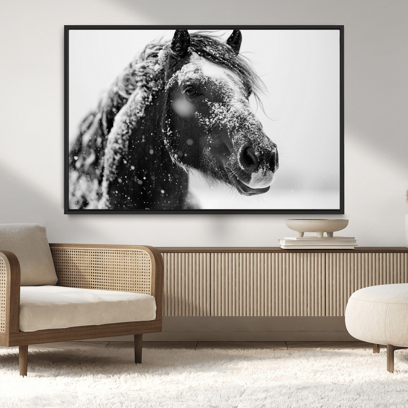 MGV-FC-36X24 - Winter Horse Canvas Print | Large 3-Panel Black White Equine Photography for Rustic Farmhouse Wall