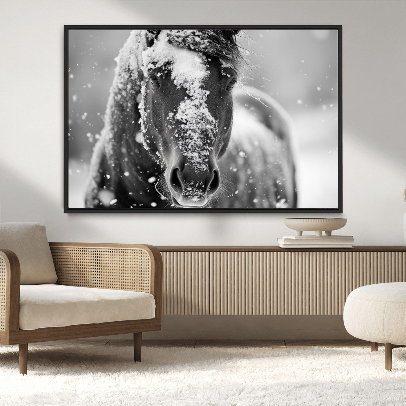 MGV-FC-36X24 - Black and White Horse Winter Wall Art | Ready to Hang and Framed | Farmhouse Wall Decor | Western