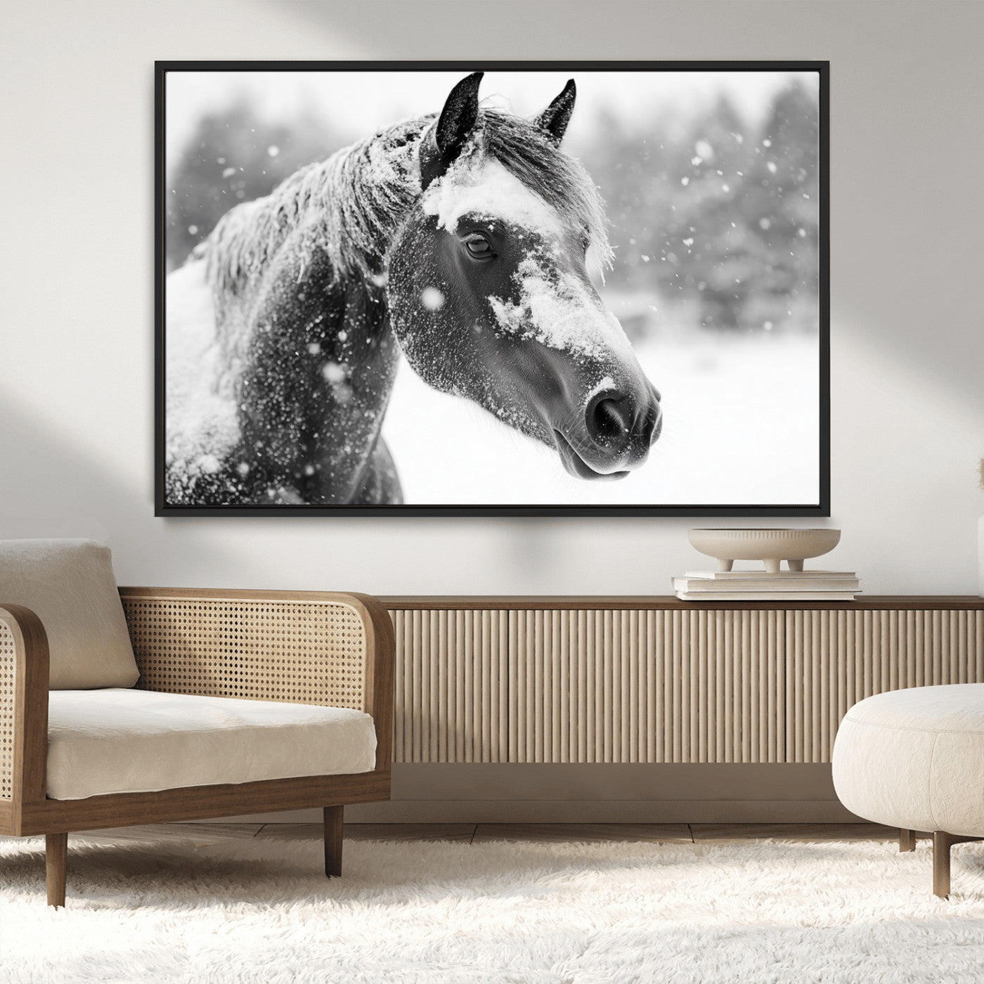 MGV-FC-36X24 - Black Horse Winter Wall Art | Ready to Hang and Framed | Farmhouse and Western Wall Decor for Living