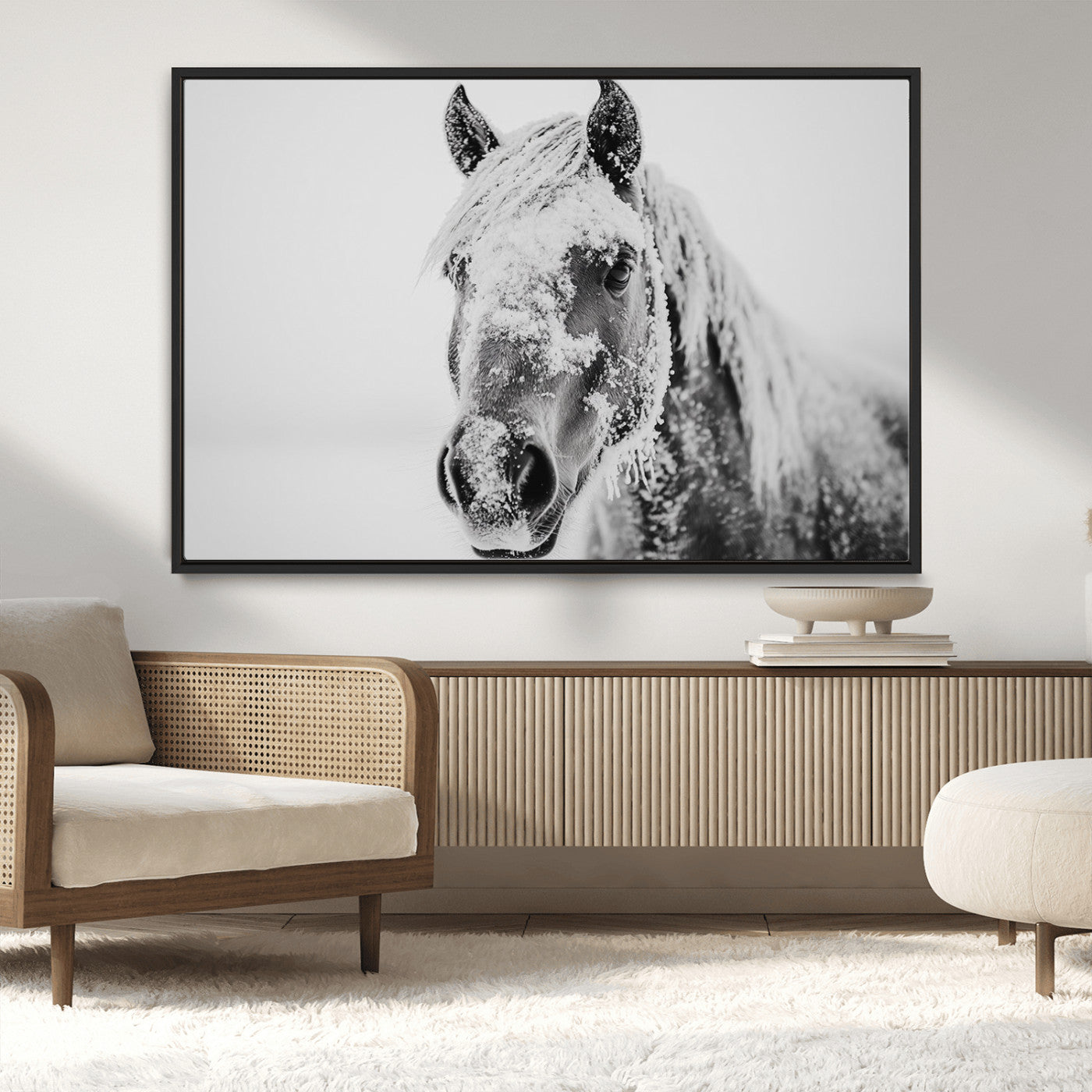 MGV-FC-36X24 - White Horse Wall Art | Ready to Hang and Framed | Winter Horse Wall Art Print for Farmhouse and