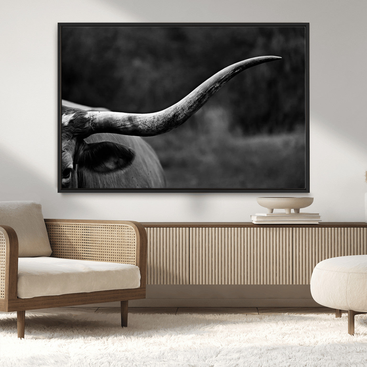 MGV-FC-36X24 - Cow Longhorn Wall Art | Black and White Print | Ready to Hang and Framed | Farmhouse Wall Decor |