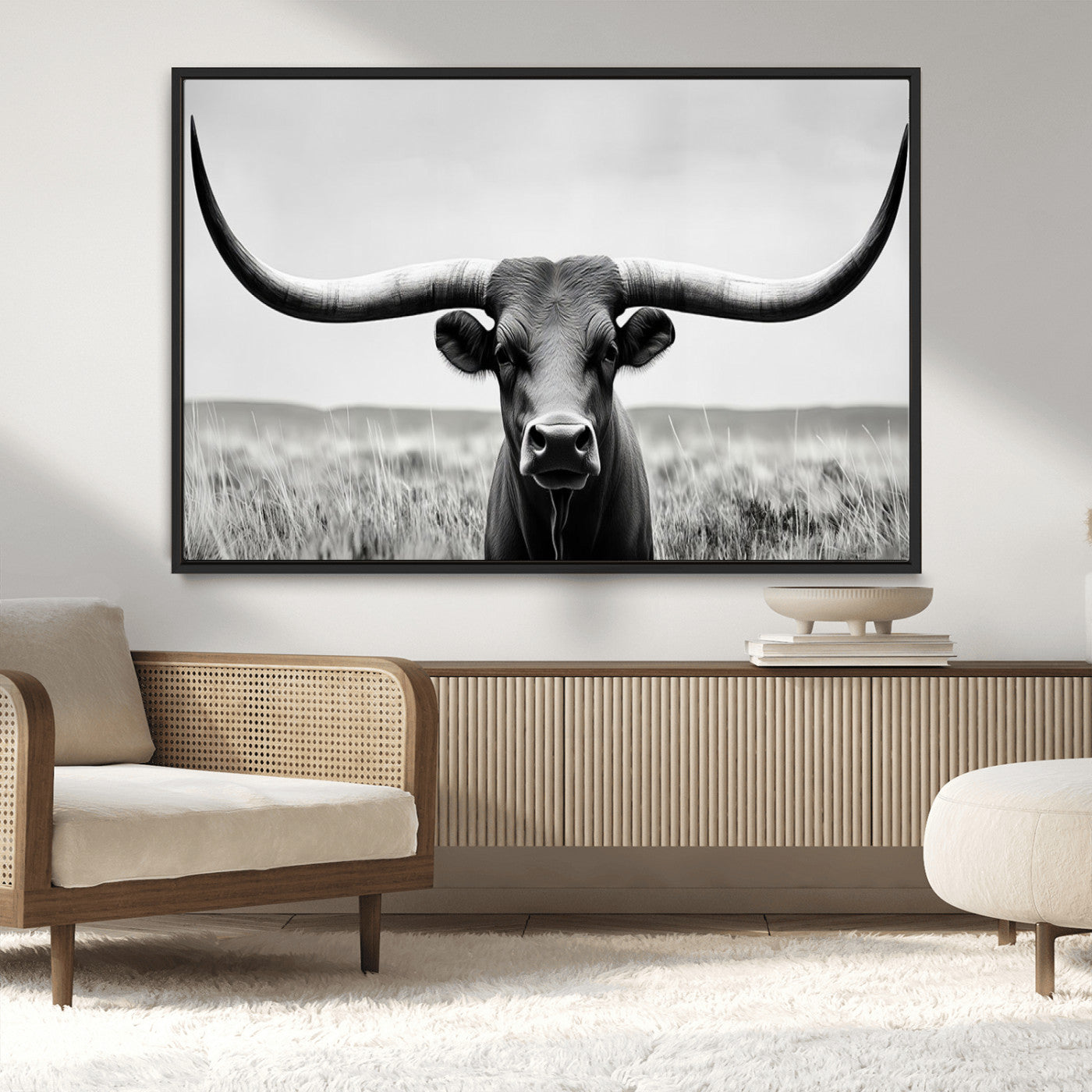 -Longhorn Bull Canvas Print | Rustic Farmhouse Wall Art | Western Decor | Ready to Hang and Framed