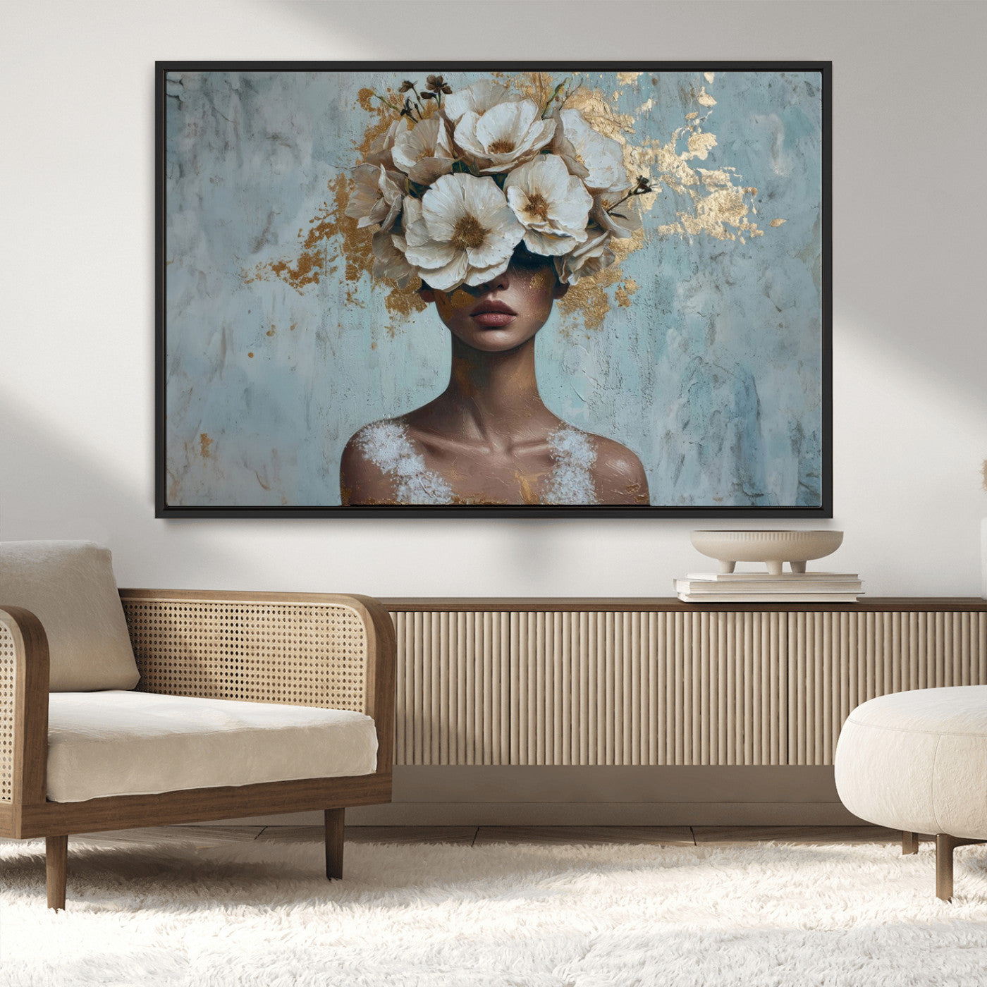 MGV-FC-36X24 - Golden Petal Wall Art - Petal Silhouette Woman Wall Art Canvas Print | Large 3-Panel Canvas with