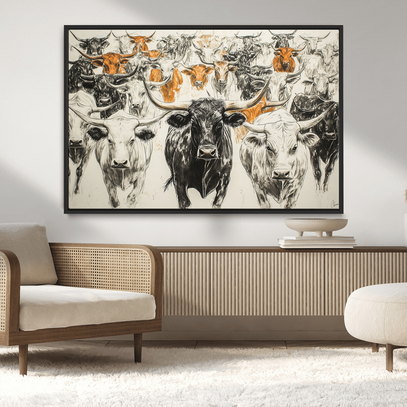 MGV-FC-36X24 - Texas Longhorn Wall Art - Herd Canvas Wall Art Print - Abstract Cow Drawing Wall Art Print for