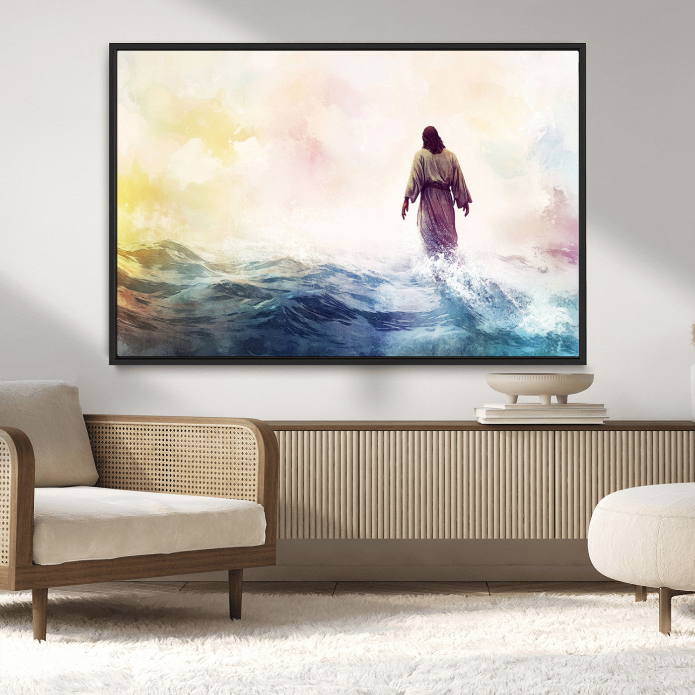 MGV-FC-36X24 - Watercolor Jesus Walking on Water Canvas Print, Christian Wall Art, Jesus Christ Walking