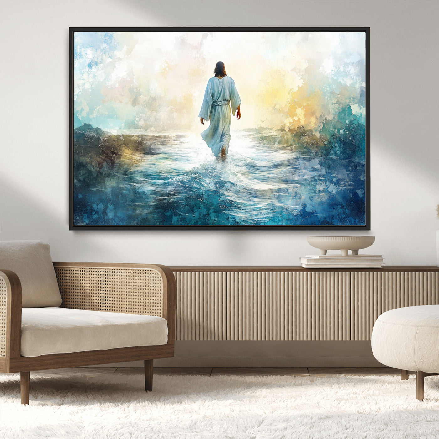 MGV-FC-36X24 - Watercolor Jesus Walking on Water Canvas Print, Christian Wall Art, Jesus Christ Walking