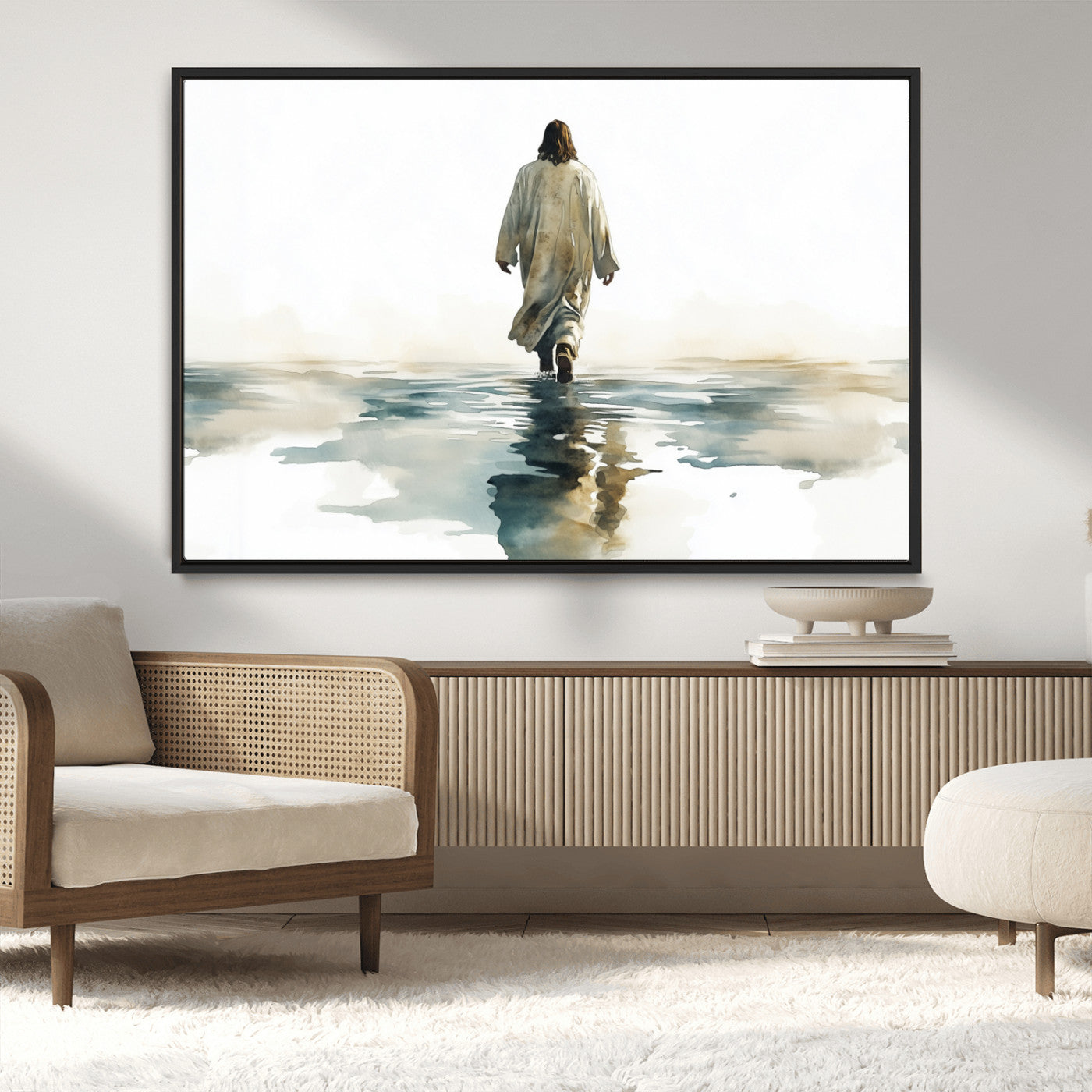 MGV-FC-36X24 - Watercolor Jesus Walking on Water Canvas Print, Christian Wall Art, Jesus Christ Walking