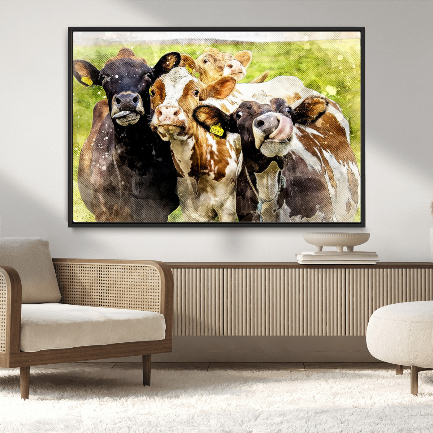 MGV-FC-36X24 - Curious Cows Farmhouse Wall Art | Ready to Hang and Framed Canvas Print | Rustic Farm Decor