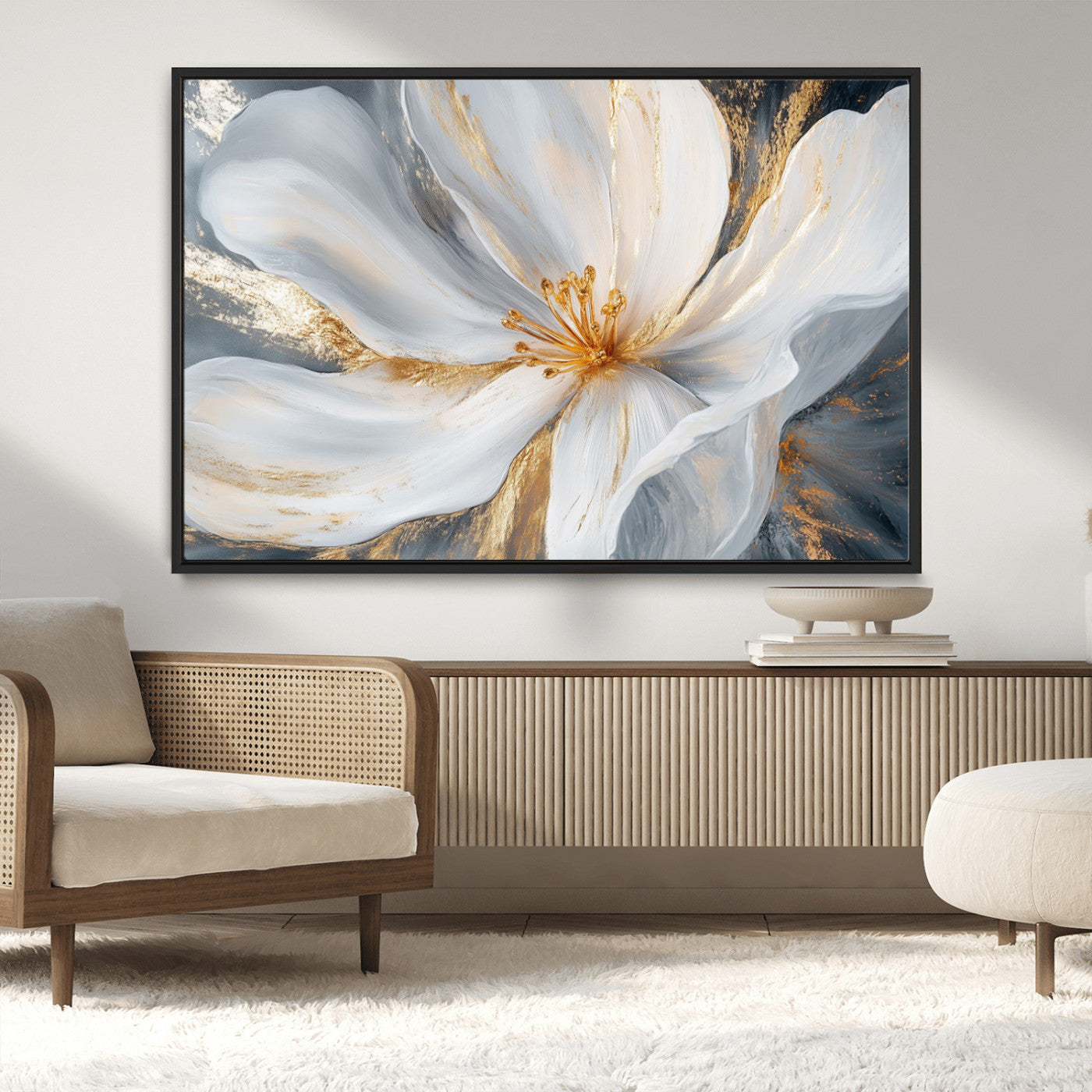MGV-FC-36X24 - White and Gold Floral Canvas Wall Art - Framed and Ready to Hang - Perfect for Modern Living Rooms