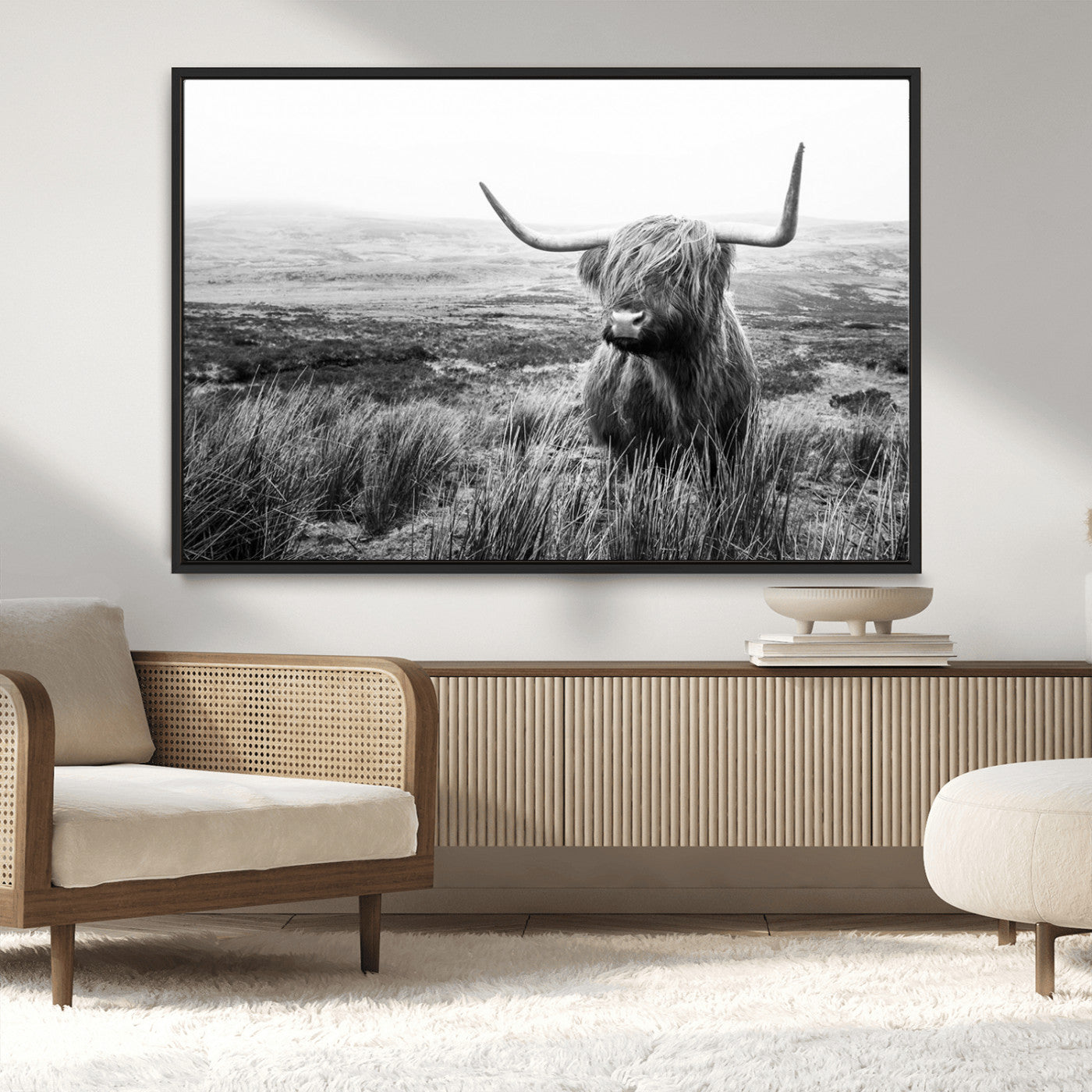 MGV-FC-36X24 - Scottish Highland Cow Wall Art | Black and White Canvas Print | Ready to Hang and Framed | Rustic