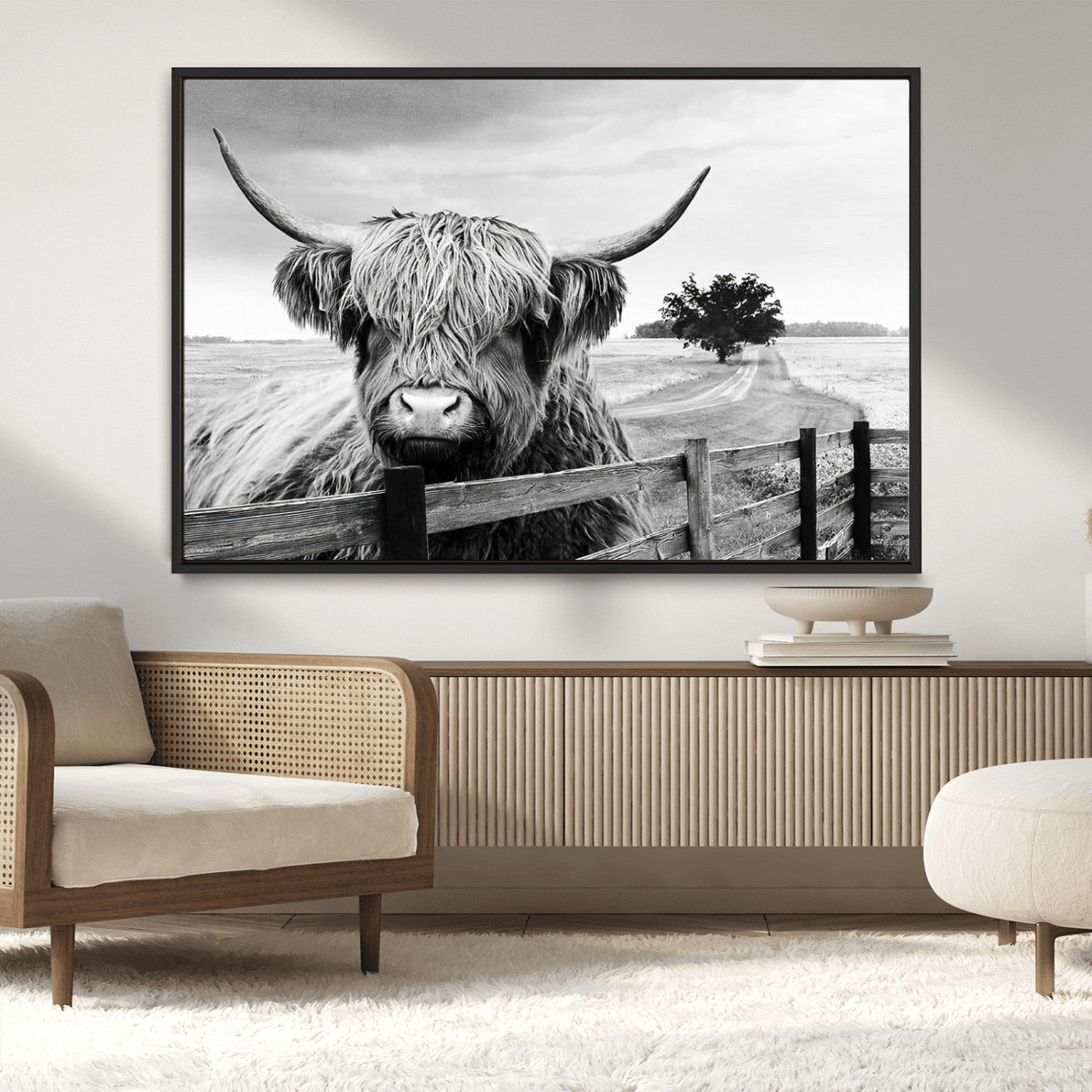 MGV-FC-36X24 - Scottish Highland Cow Wall Art | Rustic Farmhouse Décor | Black and White Ready to Hang Canvas Print