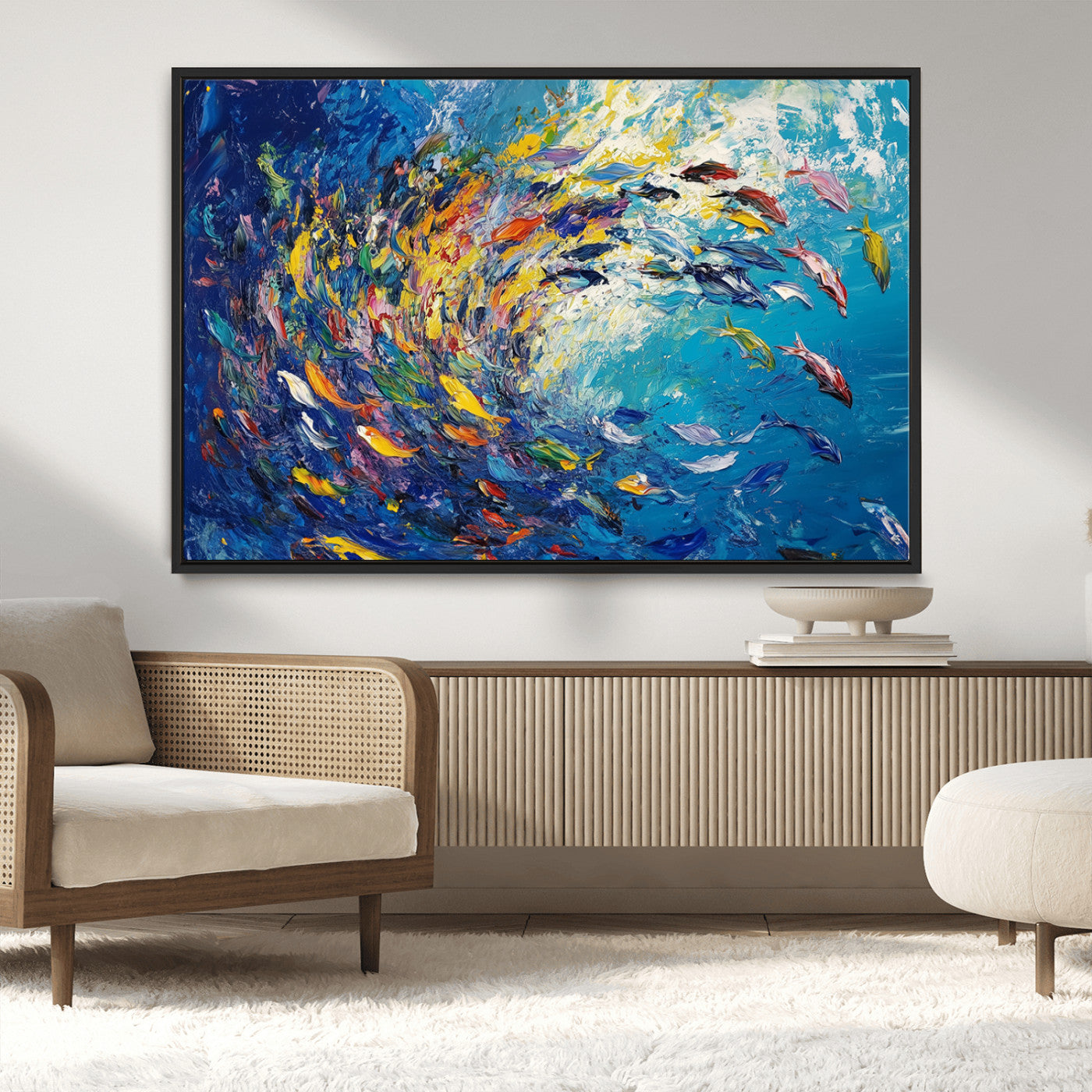 MGV-FC-36X24 - Colorful Swirling Fish School Wall Art Canvas Print | Oceanic Abstract Painting | Ready to Hang |