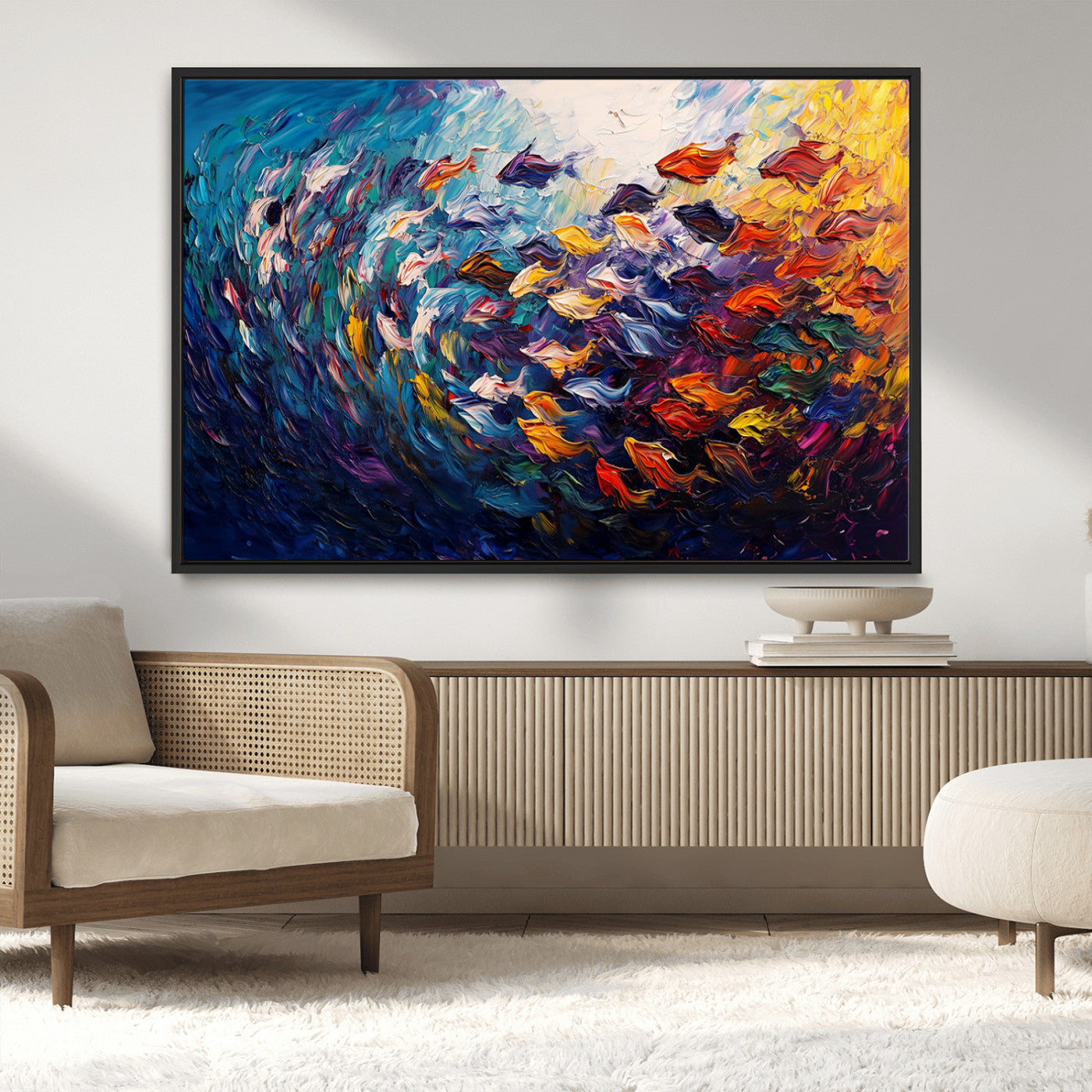 MGV-FC-36X24 - Vibrant Abstract Fish Swarm Art – Colorful Fish Inspired 3-Piece Canvas Wall Art for Living Room or