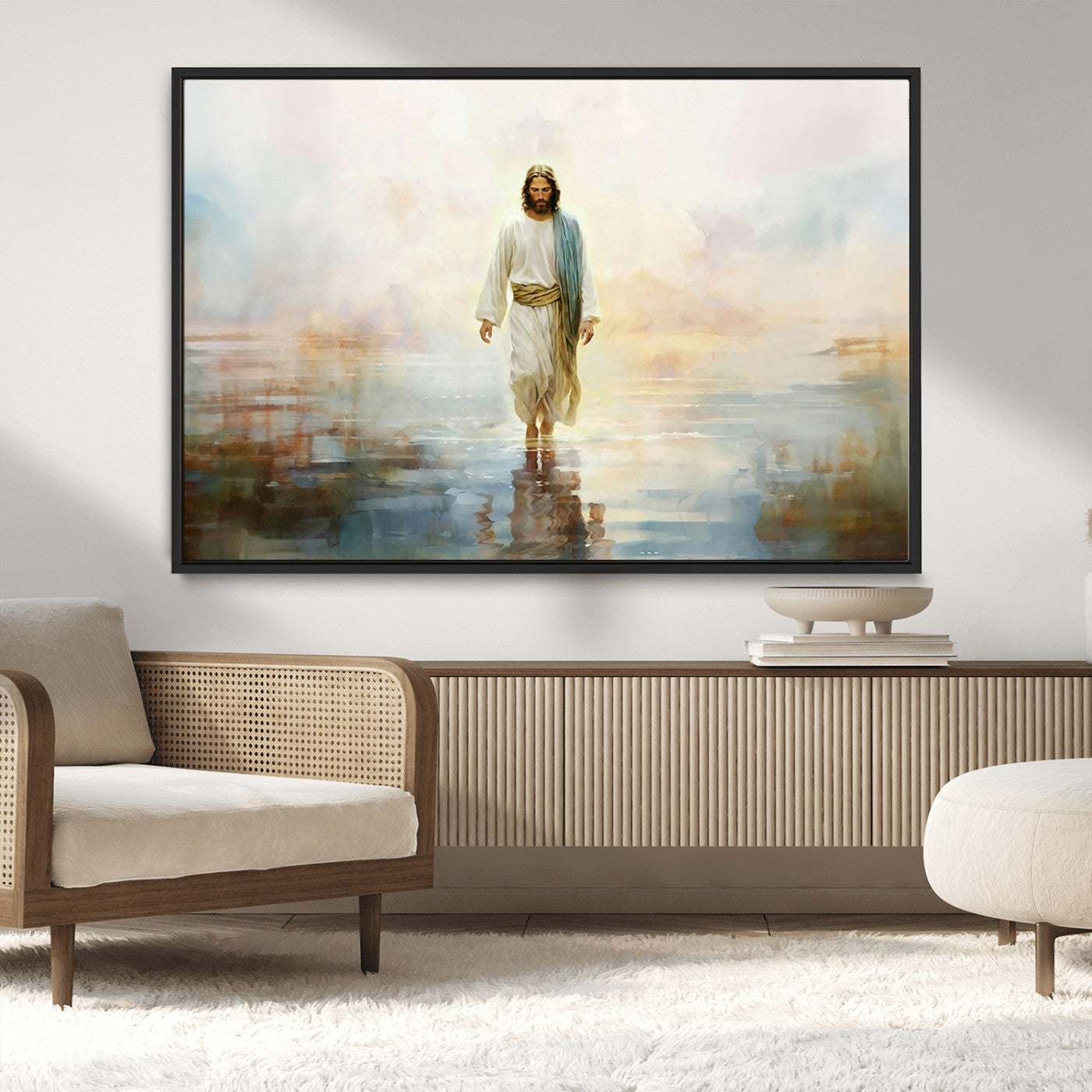 MGV-FC-36X24 - Framed Jesus Walking on Water Wall Art - 3-Panel Christian Canvas Prints, Religious Artwork for