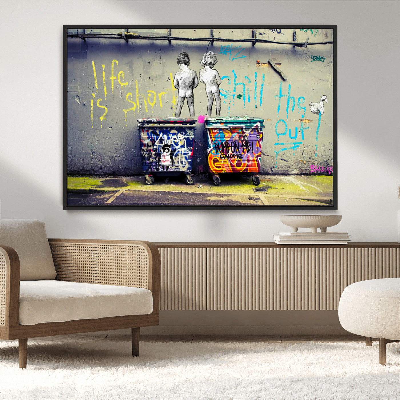 MGV-FC-36X24 - Banksy Life is Short Wall Art - Iconic Graffiti Art on Framed Ready-to-Hang Canvas - Street Art