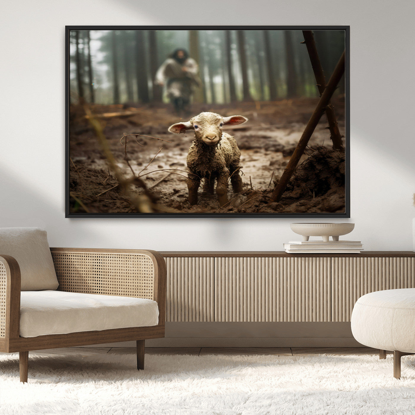 MGV-FC-36X24 - Jesus Running After a Lost Lamb Canvas Wall Art Print