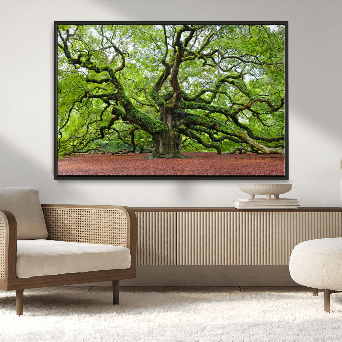 MGV-FC-36X24 - Framed Angel Oak Tree Wall Art - 3-Panel Canvas Prints, Large Green Nature Artwork, Ready to Hang