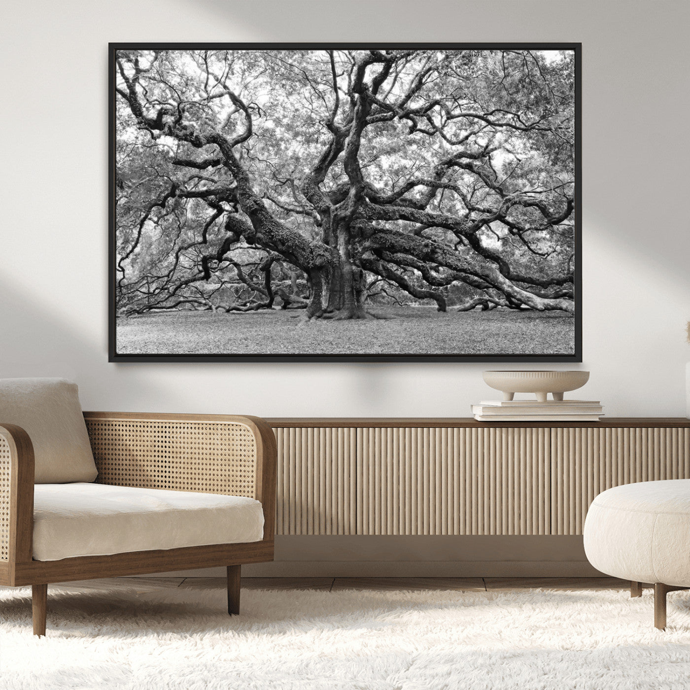 MGV-FC-36X24 - Black White Angel Oak Tree Wall Art - Timeless Nature-Inspired Canvas for Rustic, Modern, or