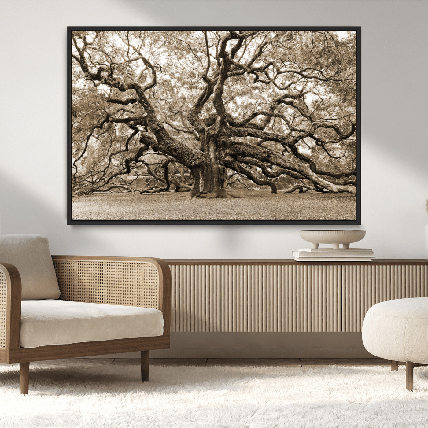 51126-MGV-CV-36X24-Sepia Framed Angel Oak Tree Wall Art - 3-Panel Canvas Prints, Large Green Nature Artwork, Ready to