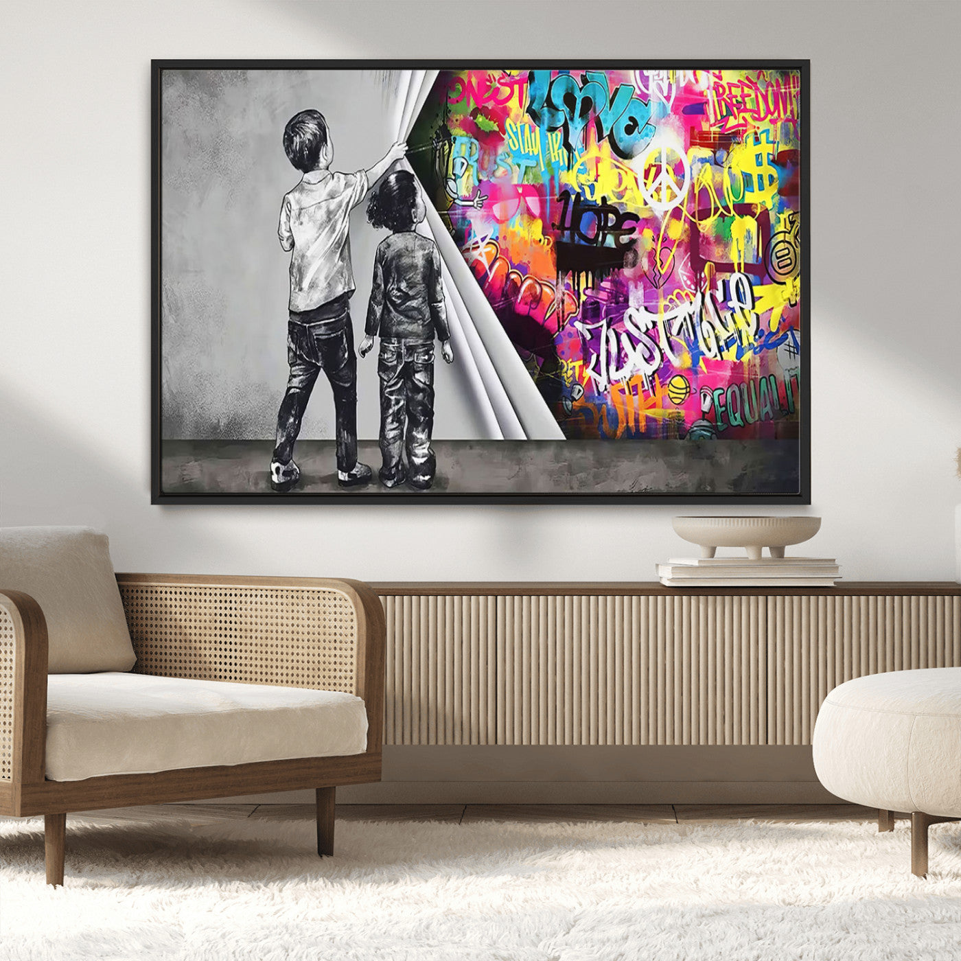 MGV-FC-36X24 - Banksy Print - Street Art Canvas Wall Art - Kids Revealing Graffiti, Urban Modern Decor for Living