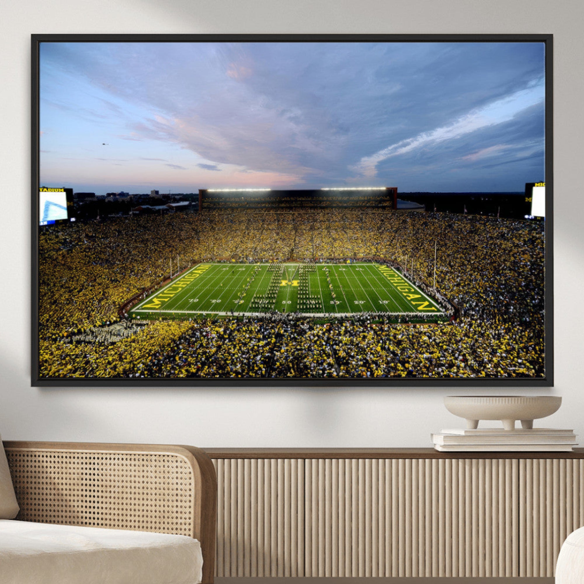 82641-MGV-CV-36X24-Michigan Stadium Wall Art Canvas Print – Framed Football Field Scene with Marching Band Artwork for Home, Office