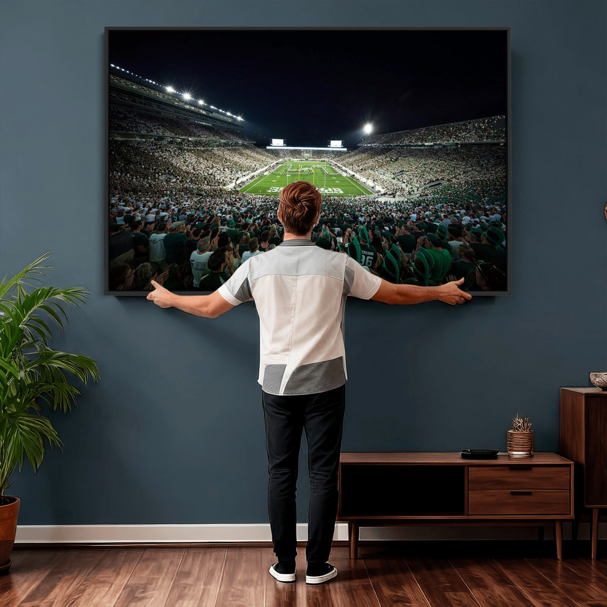 57523-PAN-FL-20X10 - Framed Michigan State Spartans Football Team Print - East Lansing Spartan Stadium Wall Art Canvas