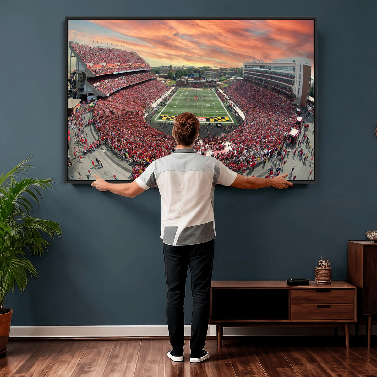 24140-PAN-FL-20X10 - University of Maryland Terrapins Football Team Print - College Park SECU Stadium Wall Art Canvas